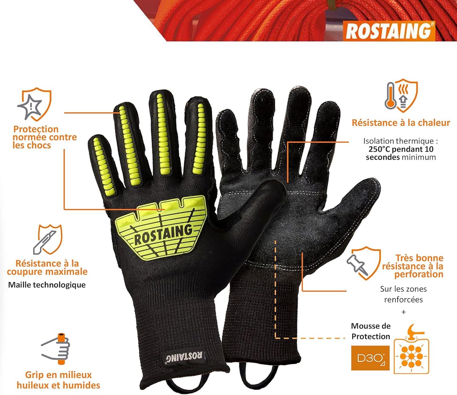 ROSTAING Rescuefluobc-sc Gants Pro Pompier Désincarcération Anti-Coupure mixte-adulte (lot de 1)