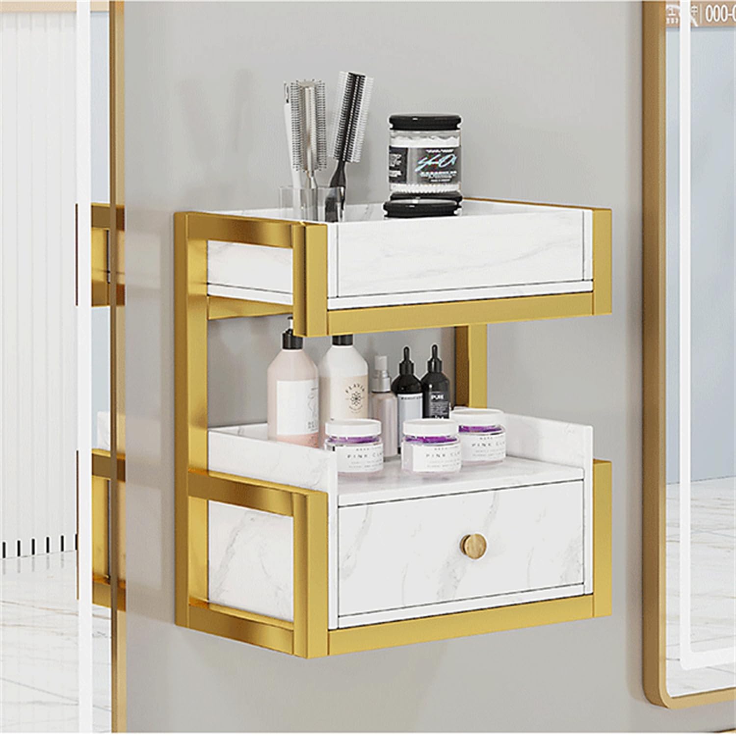 Naścienna stacja salonowa z szufladą do przechowywania – szafka fryzjerska do cięcia i stylizacji – idealna do instalacji Beauty Spa i profesjonalnego wyposażenia salonu