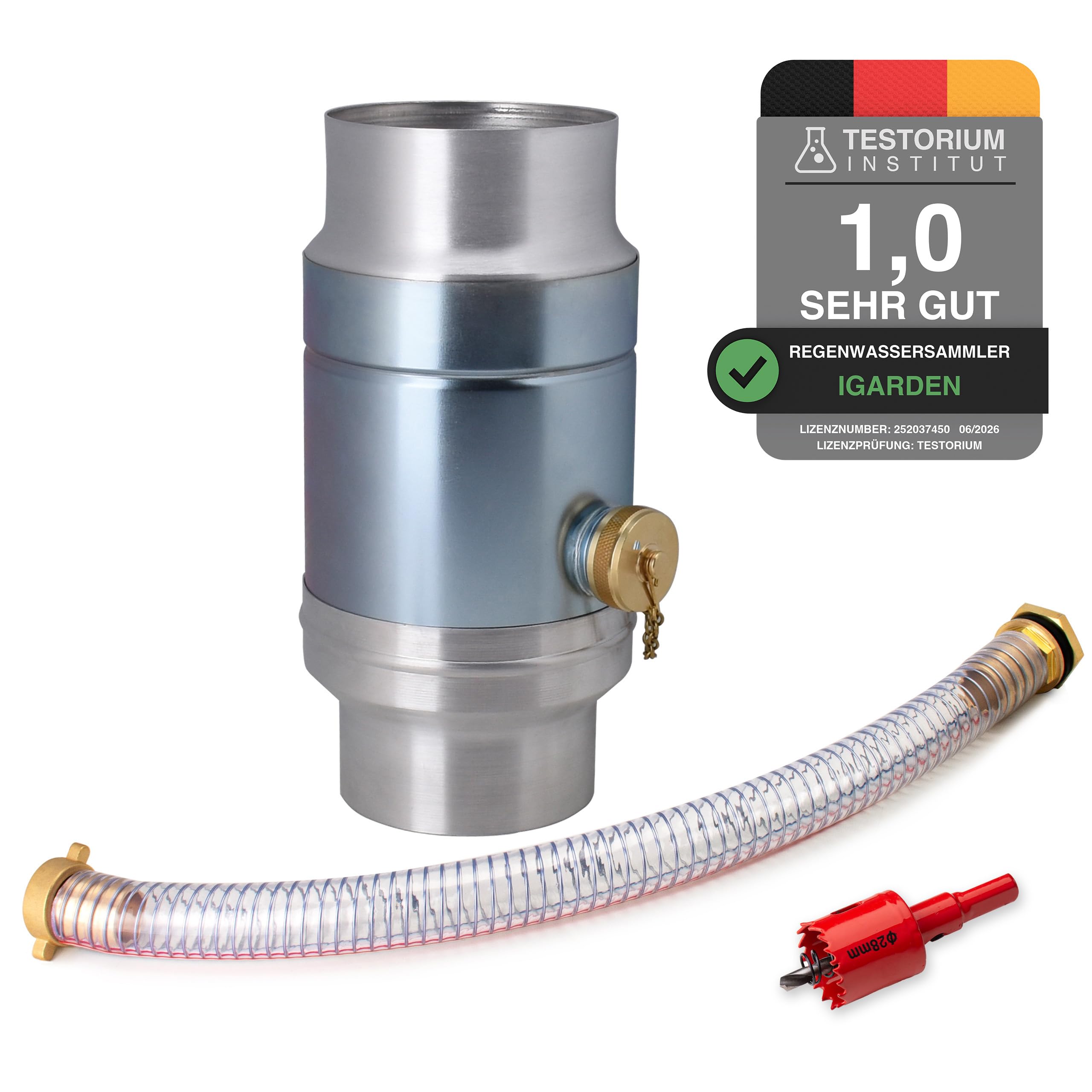 IGarden Colector de agua de lluvia de 100 mm con conector de manguera y barril de 45 cm para el tubo de bajada, chapa de acero galvanizado + colector de lluvia de aluminio de doble pared, colector de