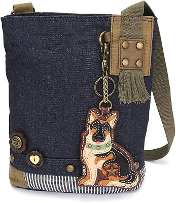CHALA Patch Cross-Body Women Handbag, Blue Denim Canvas Messenger Bag - German Shepherd Gen II - Denim
