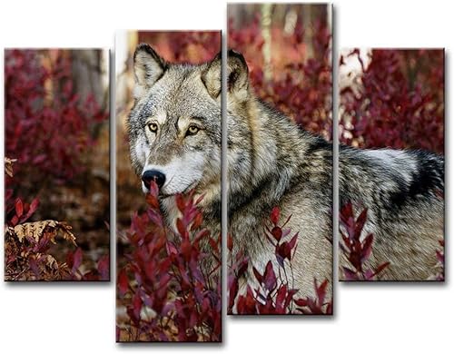 So Crazy Art® 4 paneles de lienzo con impresiones artísticas de lobo en el bosque - Retratos al óleo de animales para decoración de interiores del