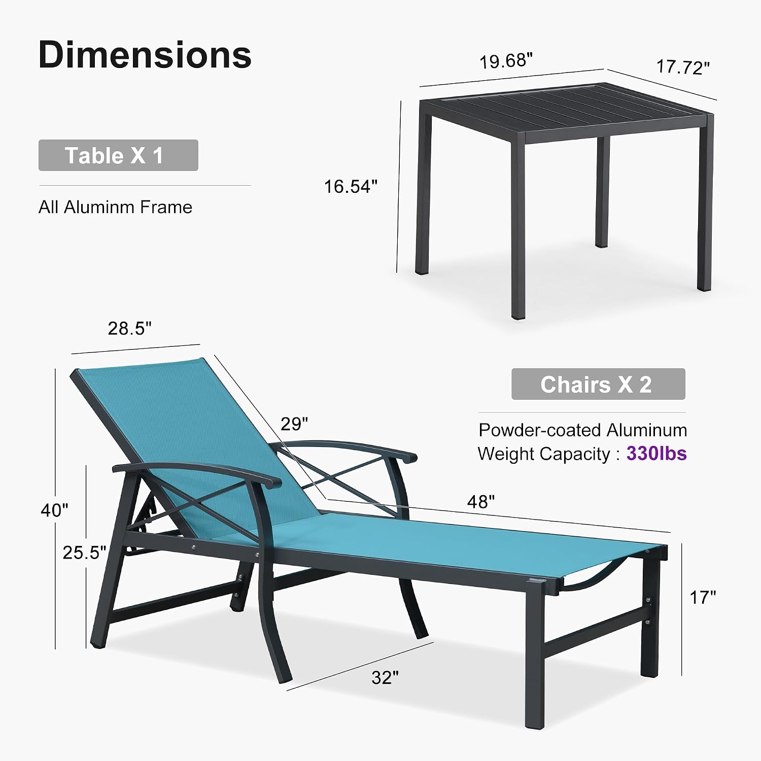 PURPLE LEAF Oversized Chaise Lounge Chair Outdoor Set of 2 Extra Wide Pool Lounge Chairs 5 Adjustable Position with Armrests and Side Table Aluminum Patio Lounge Chair for Beach, Turquoise Blue