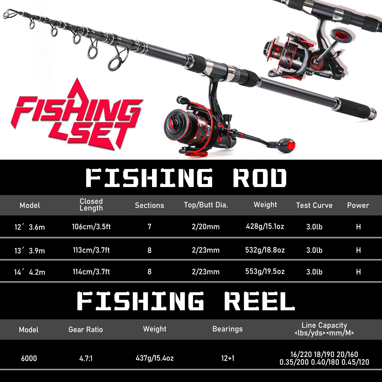 Sougayilang Juego de caña de pescar y carrete, cañas telescópicas de viaje, carrete de carpa potente 4.7:1 para pesca con alimentador, 3.6 m/3.9 m/4.2 m