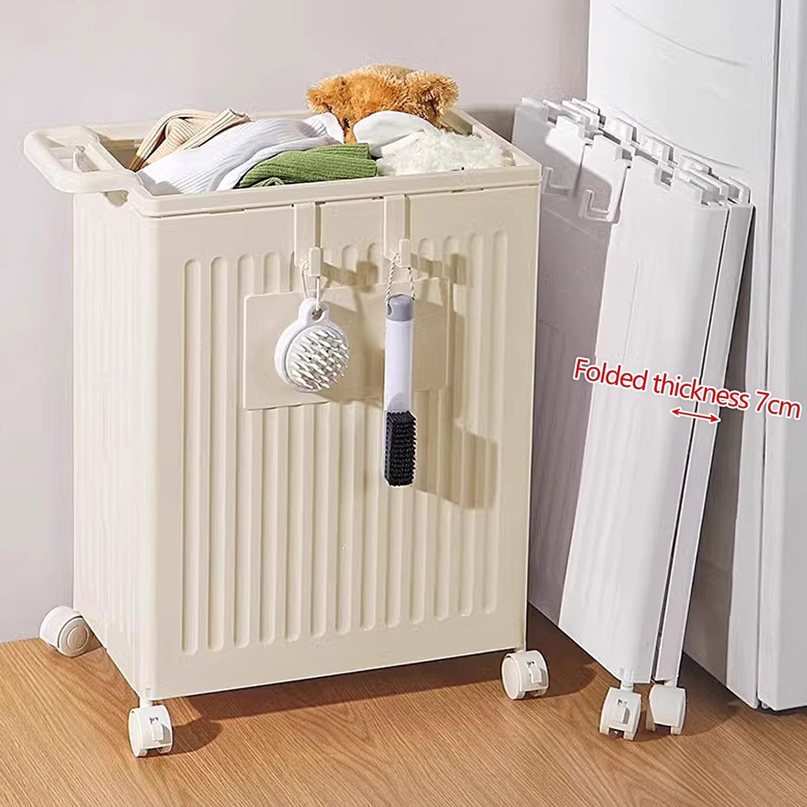 Cesto Biancheria Plastica Cesta Panni Sporchi Salvaspazio con Maniglia e Coperchio Carrello Portabiancheria con Ruote Adatto a Soggiorno, Bagno, Lavanderia(White)