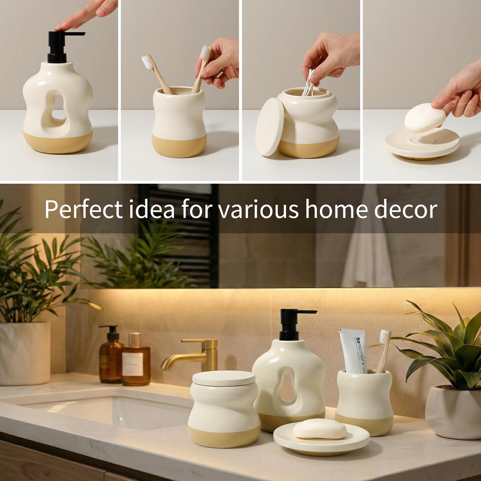 BosilunLife Badezimmer-Zubehör-Set mit 4 Stück, Beige und Orange, Badezimmer-Countetop-Seifenspender-Sets, Zahnbürstenhalter und Seifenschale, Apothekerglas