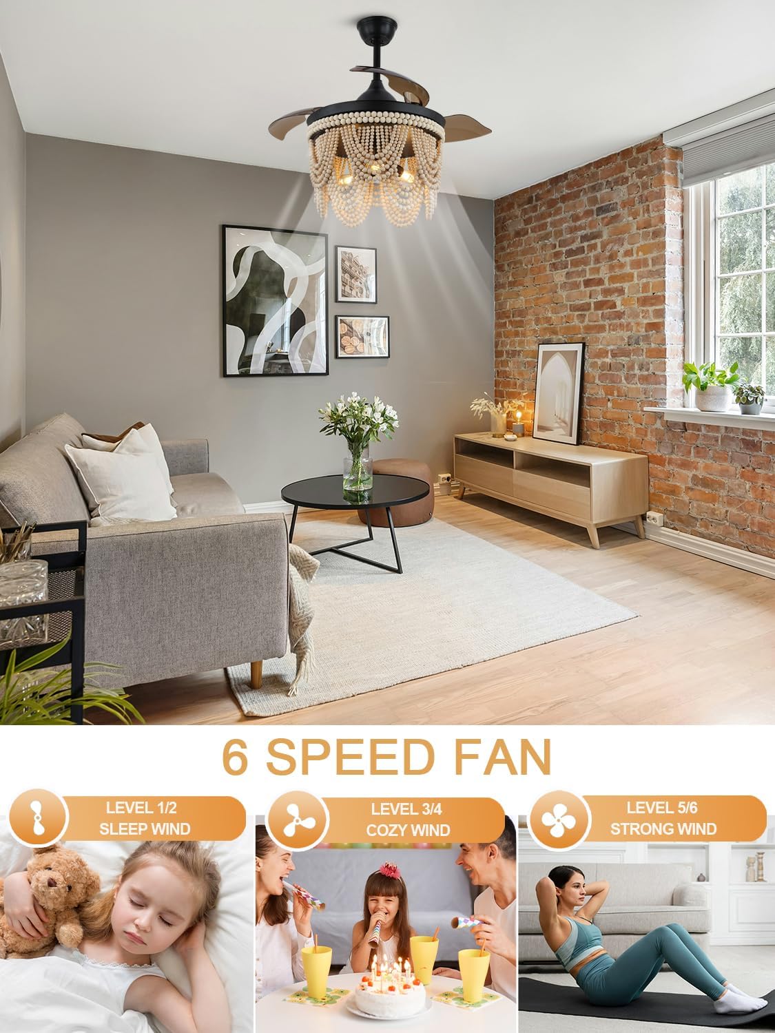 42" Boho Ceiling Fan with Light and Remote Retractable Ceiling Fan Wood Beaded Boho Fandelier Coastal Chandelier, Retractable Blade 6 Speeds Reversible Quiet DC Motor for Bedroom Living Room