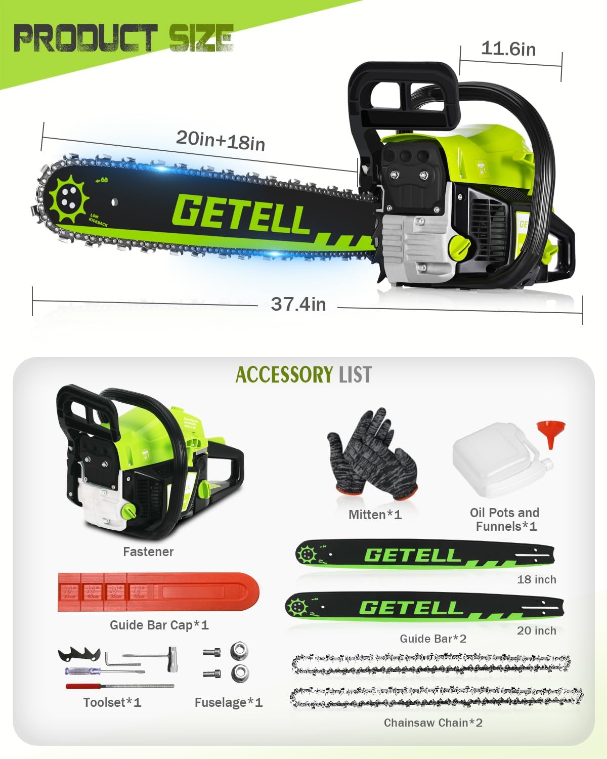 Gas Powered Chainsaw with 20 and 18 Inch Bar Dual System, 58cc 3.6 HP Professional 2-Stroke Engine, Easy Start and Anti-Vibration for Farm Ranch or Heavy Duty Wood Cutting (Green)