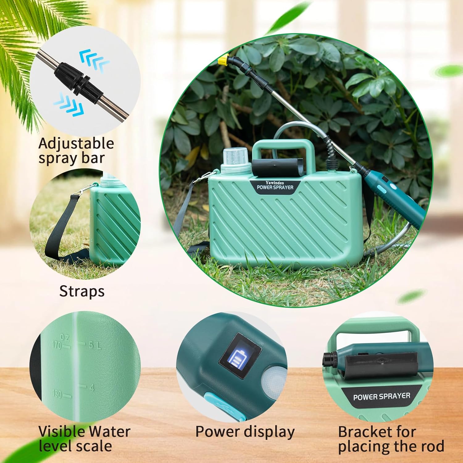 Battery Powered Sprayer,1.35Gallon 5L Electric Garden Spray with Battery Indicator Display,3 Mist Nozzles,23.6" Telescopic Rod and Adjustable Shoulder Strap Weed Sprayer for Yard Lawn