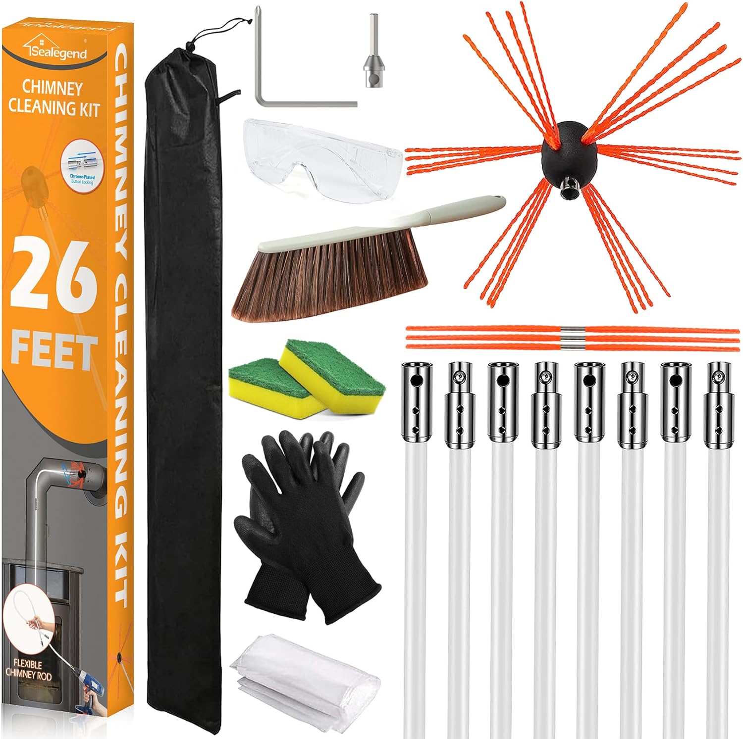 Sealegend 26 Feet Chimney Sweep Kit Chimney Brush, Rotary Chimney Cleaning Kit System with 8 Nylon Flexible Rods, Fireplace Brush Tool for Square, Rectangle, Arch Chimneys