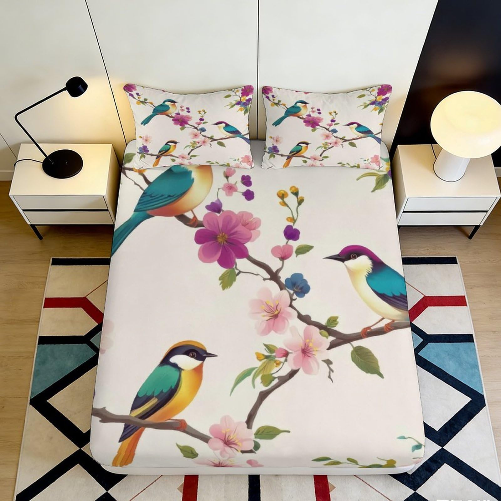 3D Printed Floral Birds Fitted Sheet Microfiber Soft Breathable Blossom Branch Bed Cover for Bedroom Guest Room Decor 140x200x25cm