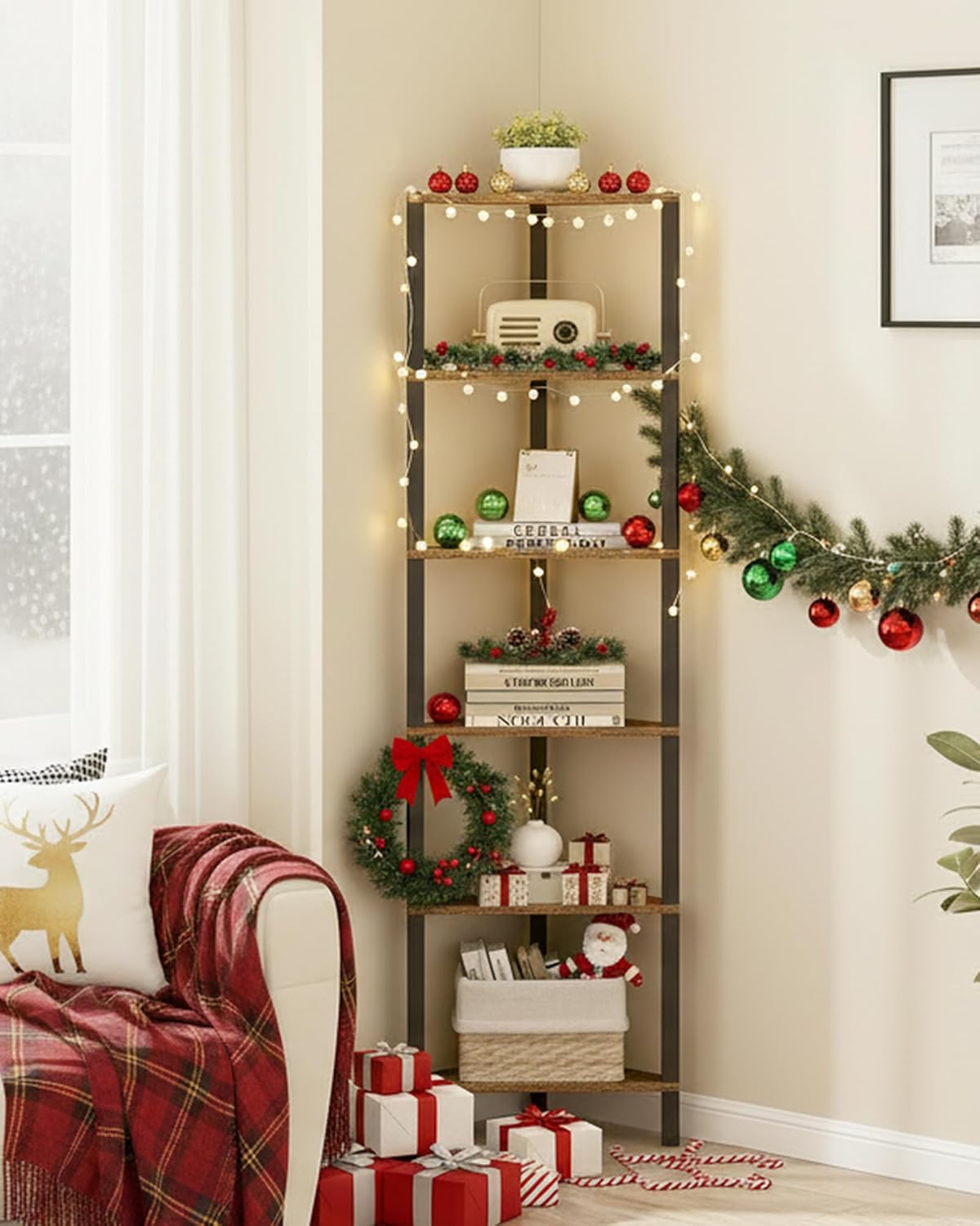 TUTOTAK Corner Shelf, 6-Tier Corner Bookshelf for Small Space, Narrow Display Corner Shelf Stand with Storage Rack, for Living Room, Bedroom, Rustic Brown BS05BB006