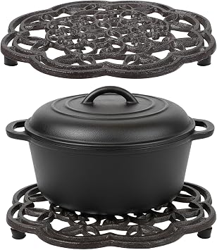 2 Pack 7.7 Inch Cast Iron Trivet for Hot Dishes Round Rustproof Hot Pot Holder Stand with Rubber Feet for Countertop, Dutch Oven, Kitchen Decoration