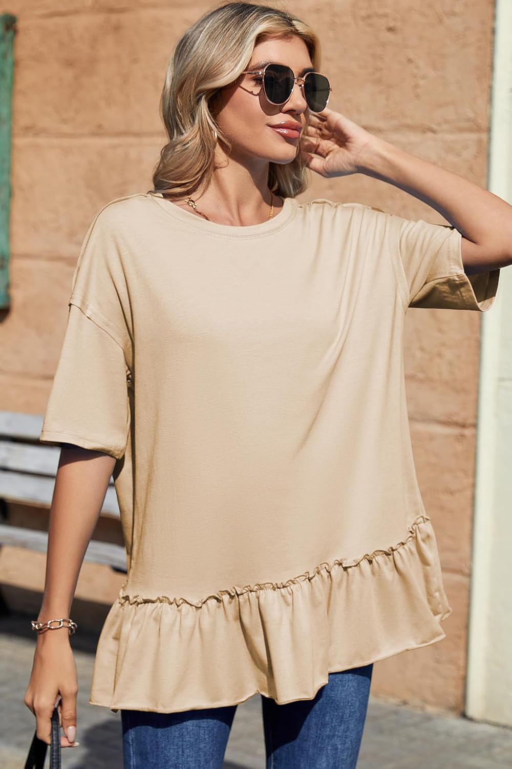 Dokotoo Womens Summer Tops Crewneck Short Sleeve Ruffle Hem Oversized T-Shirts Casual Loose Peplum Babydoll Blouses Shirts - Image 6