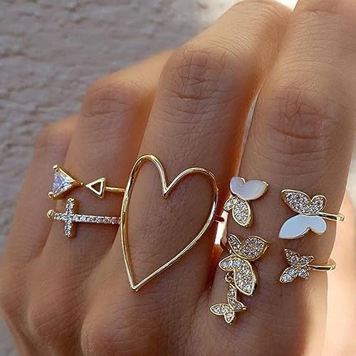 Miniatura 2 de HUASAI Anillos apilables de oro para mujer, no se deslustra, bonitos anillos para adolescentes, cosas de moda, bohemio, luna, estrella, mariposa, D:
