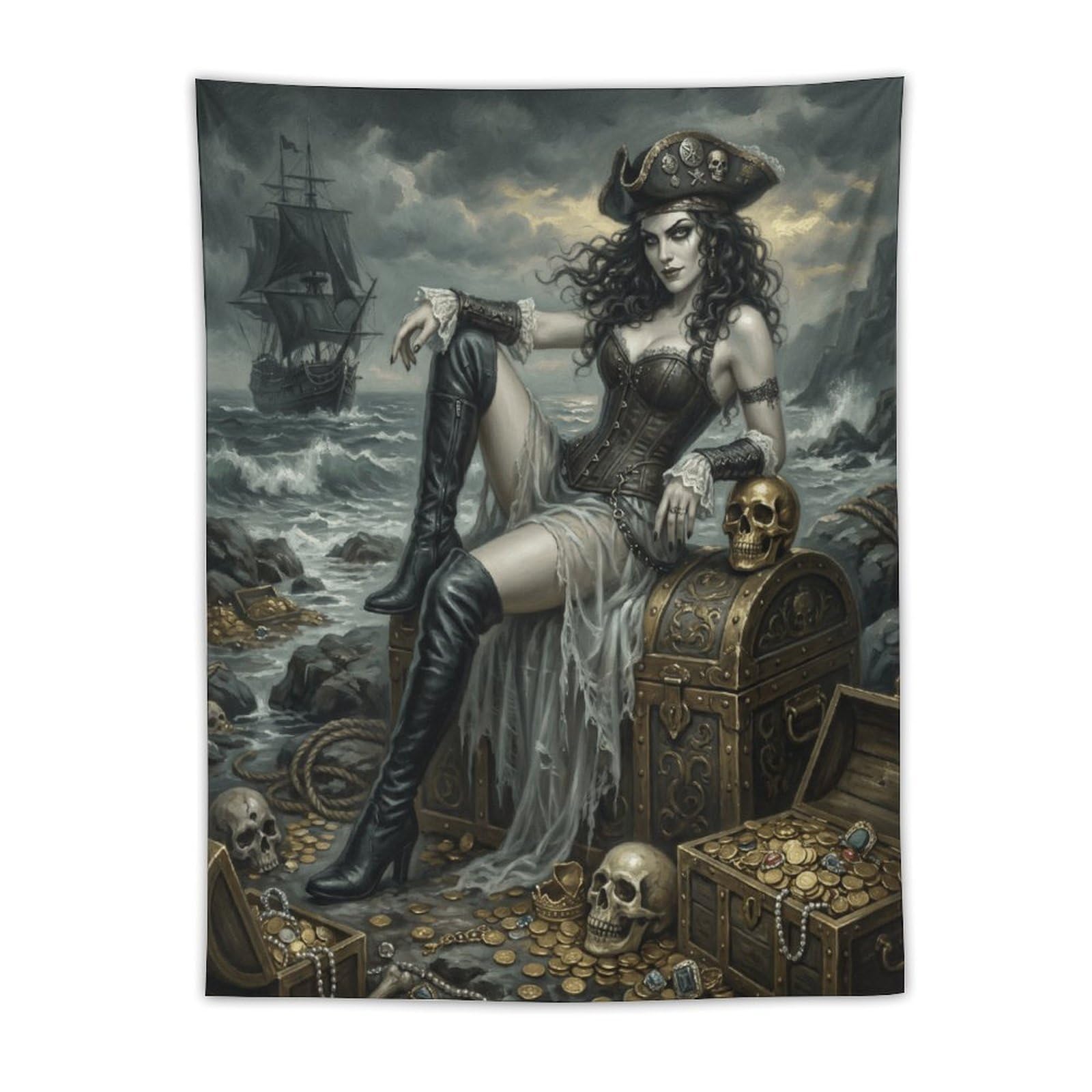 H3B8U2Y5 Pirate Queen Skull Treasure Wall Tapestry, Industrial Punk