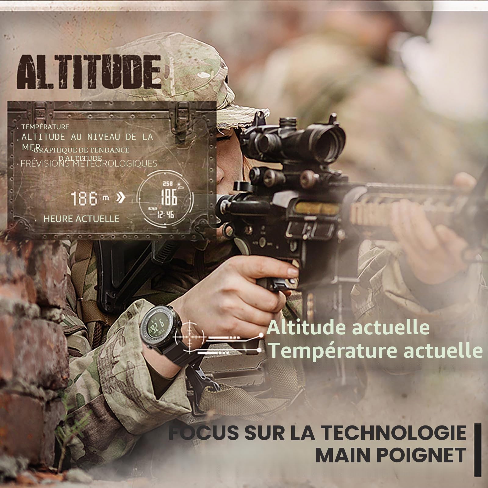 Montre militaire pour homme avec boussole, podomètre, altimètre, baromètre, montre de sport numérique, 5 ATM, étanche, nylon, noir, bracelet
