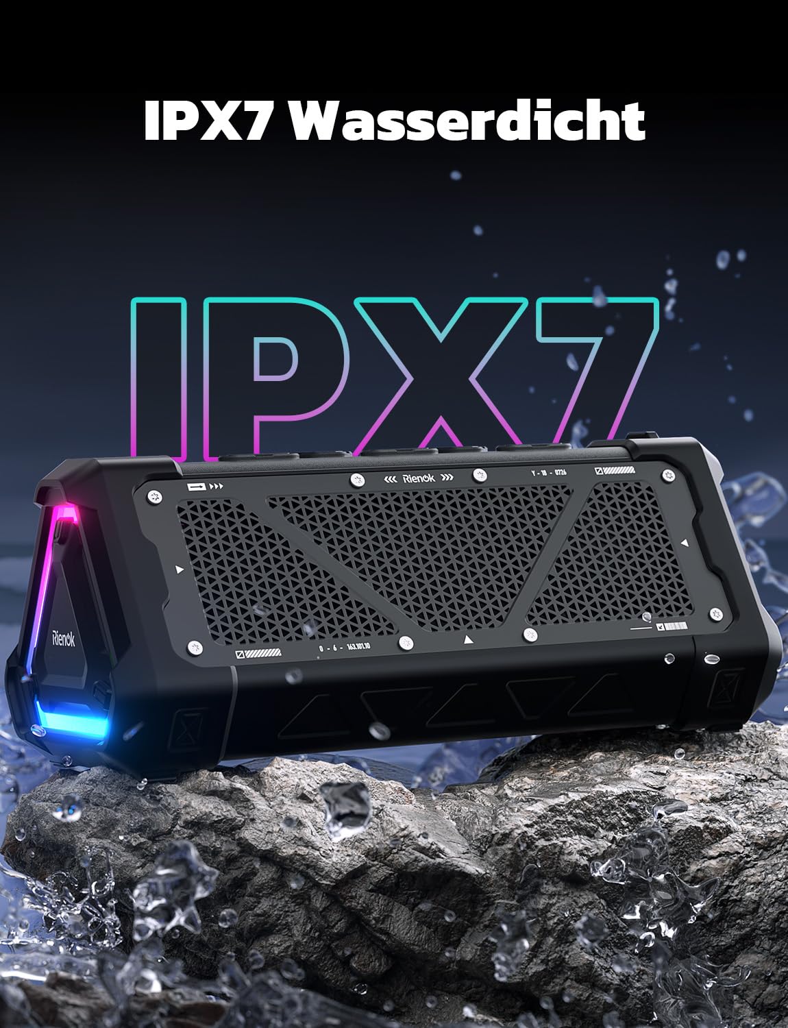 RIENOK S11 Bluetooth Lautsprecher 30W Musikbox mit EQ Modus USB IPX7 Bluetooth Box 24h Akku Tragbarer Lautsprecher mit Licht Bass für Phone Party Outdoor Strand Park Fahhrad