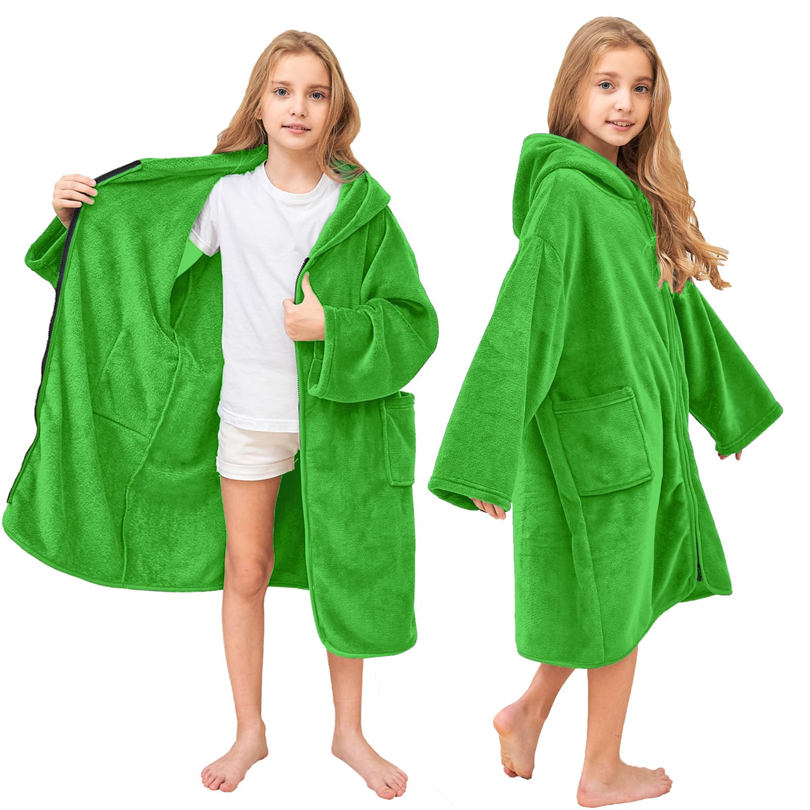 Hiturbo Kids Bath Towel Hoodie: Soft Plush Zipper Surf Poncho - Warm Fleece Changing Towels Swimming Outerwear (Green)