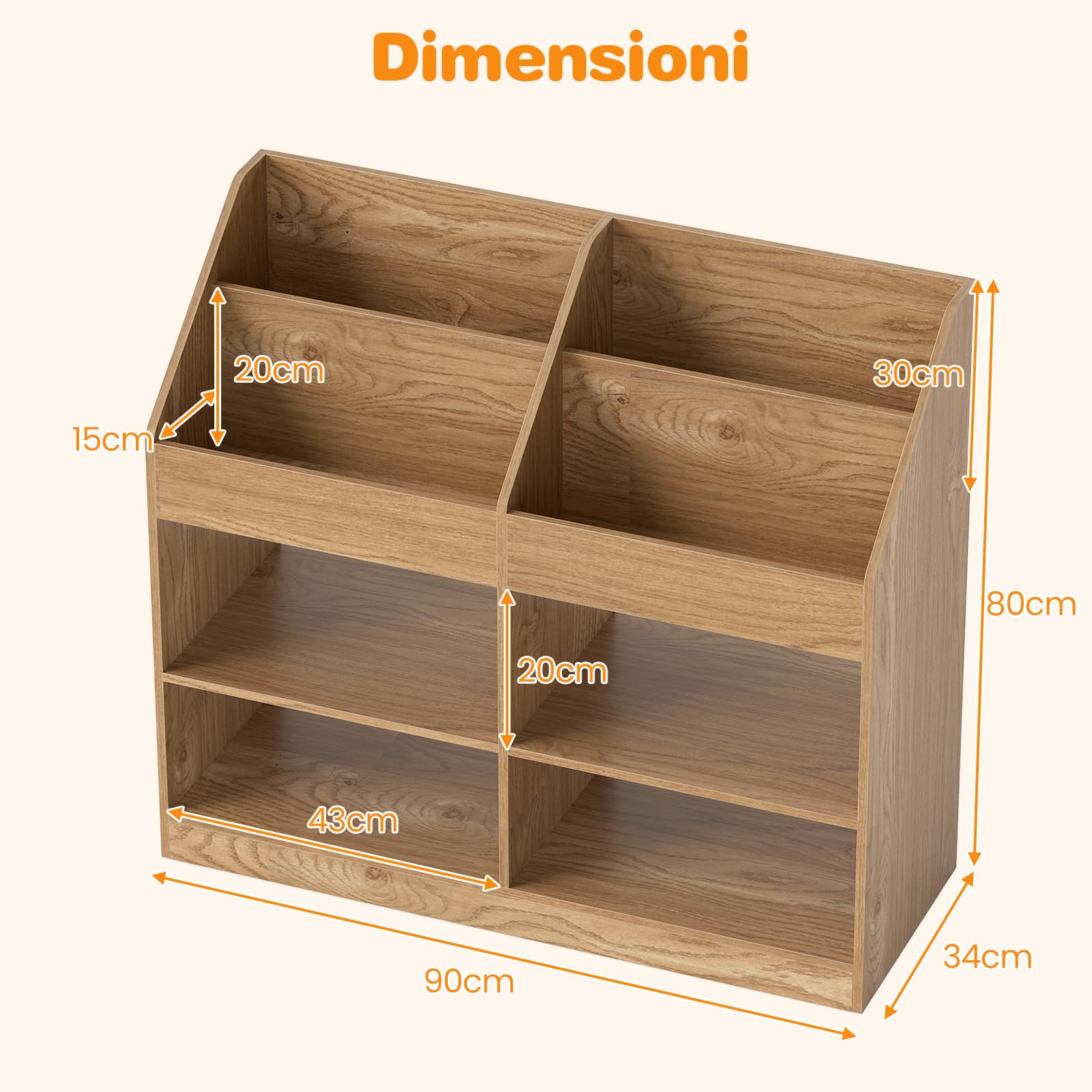 COSTWAY Libreria Montessoriana Porta Libri per Bambini, Scaffale Multifunzione con 4 Cubi e 4 Scomparti, Anti-ribaltamento, Salvaspazio per Cameretta e Stanza dei Giochi, 90x34x80 cm (Naturale)