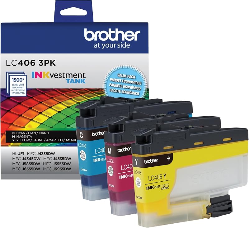 Cartuchos de tinta Brother LC406 originales para impresoras de tanques de inversión INK | Paquete de 3 cartuchos de tinta de impresora Brother LC406 cian, magenta y amarillo para impresoras de tanques de inversión INK seleccionadas