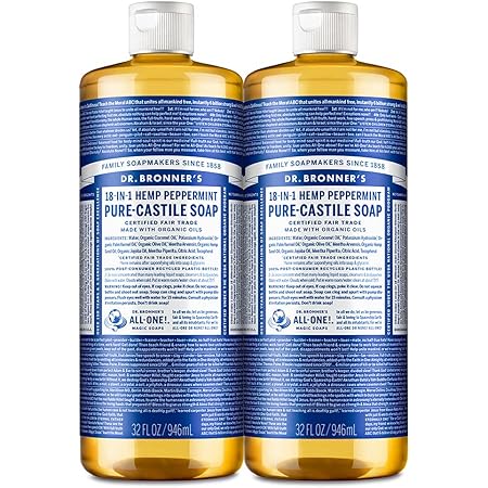Dr. Bronner’s - Pure-Castile Liquid Soap (Peppermint, 32 ounce, 2-Pack) - Made with Organic Oils, 18-in-1 Uses: Face, Body, Hair, Laundry, Pets and Dishes, Concentrated, Vegan, Non-GMO
