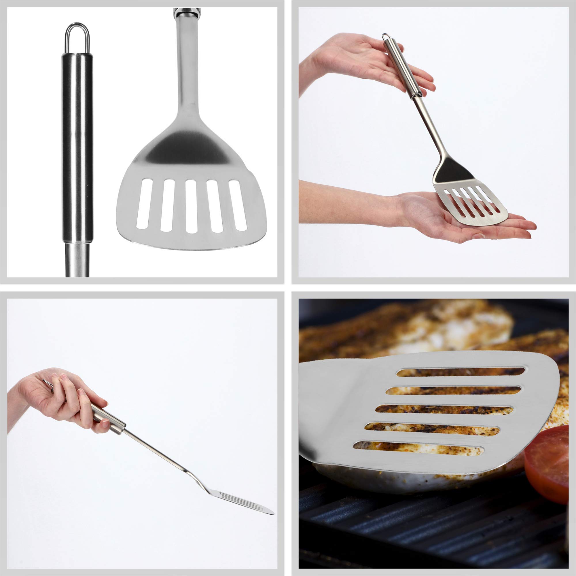 KADAX Roestvrijstalen spatel, keukenhulp, lengte: 35 cm, spatel, spatel met ergonomische handgreep en ophangoog, sleufspatel voor pan, eieren, vis, vlees