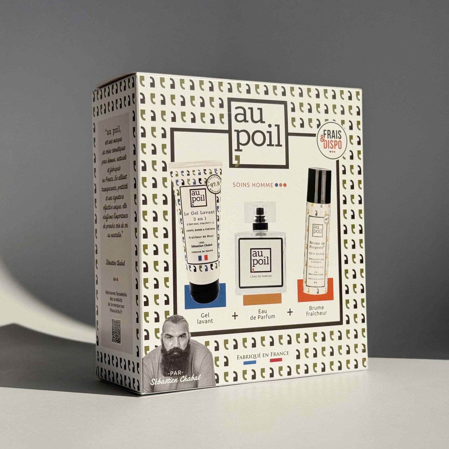 AU POIL le Coffret Frais & Dispo : 1 Eau de Parfum 100ml, 1 Brume de propreté 70ml, 1 Gel lavant 3-en-1 100ml Fraîcheur de Musc par Sébastien Chabal
