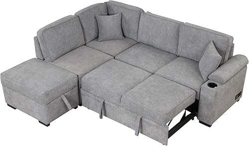 Miniatura 8 de Sofá cama seccional en forma de L, sofá esquinero, sofá cama extraíble 2 en 1 con otomana de almacenamiento, portavasos y carga USB para sala de