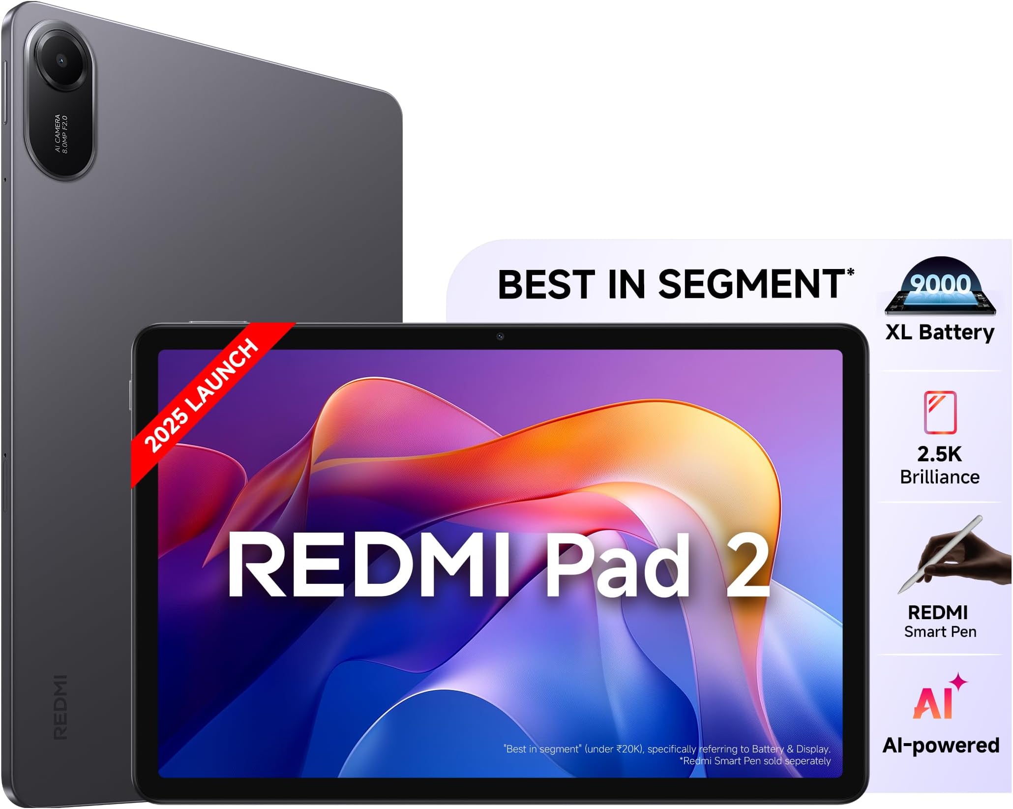 Redmi Pad 2, WiFi Active Pen Support, 27.94Cm(11") Model, 2.5K Sharp & Clear Display, 4GB, 128GB, All Day & More 9000Mah Battery, AI-Enabled, Dolby Atmos, Hyperos 2, Graphite Grey