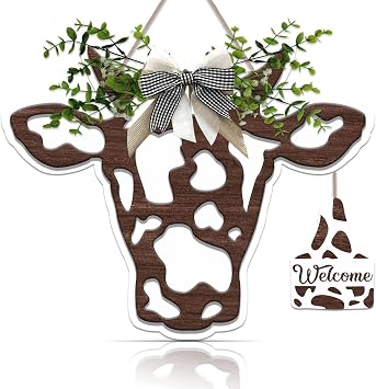 OLMIXA 3D Cow Head Wreath Wooden Sign 11.8x9.6 inch, Outdoor Cow Welcome Door Hanger Sign, Animal with Bow and Artificial Leaves Hanger for Front Door Porch Farmhouse Decor