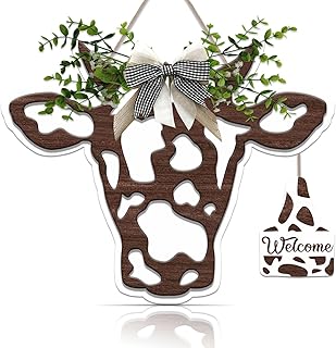 OLMIXA 3D Cow Head Wreath Wooden Sign (11.8x9.6 inch), Outdoor Cow Welcome Door Hanger Sign, Animal with Bow and Artificial Leaves Hanger for Front Door Porch Farmhouse Decor