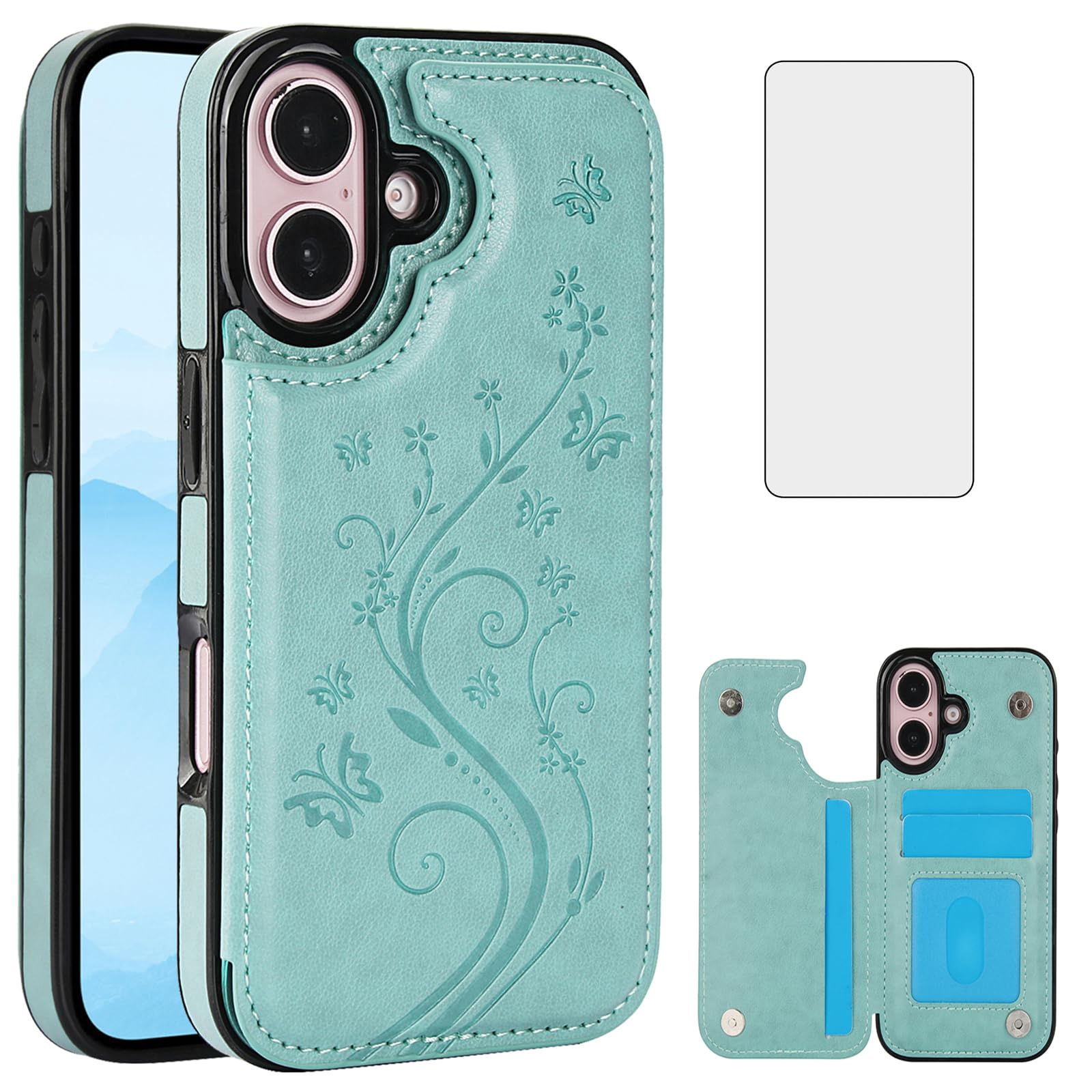Phone Case Compatible with iPhone 16 Plus 6.7 inch with Tempered Glass Screen Protector and Card Holder Wallet Cover Stand Flip Leather Cell Accessories i Phone16 16+ i16 + 16Plus 2024 Women Men Green