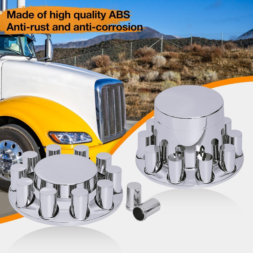 33mm Chrome ABS Flat Top Hub Cover Kit Axle Cover with 33mm Thread-on Lug Nut Covers 2 Front and 4 Rear Axle Wheel Covers and Removable Center Caps for Semi Trucks, Trailer
