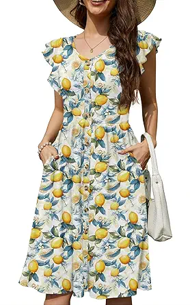 Lamilus Women's Casual Summer Dresses 2026 Ruffle Sleeves V-Neck Button-Down Midi Swing Party Dress with Pockets