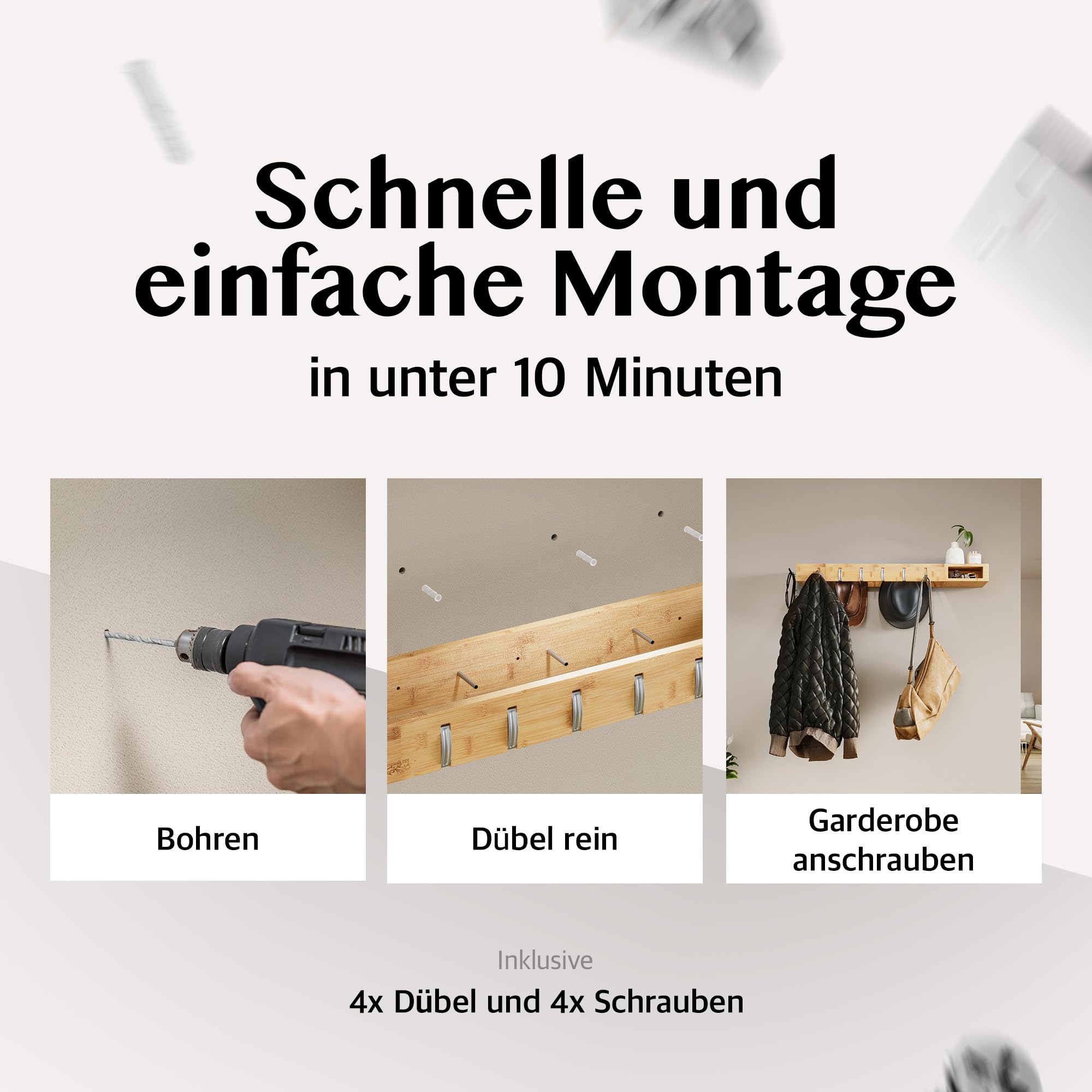 Wandgarderobe Holz – Platzsparende 4in1 Garderobe - 100cm | Garderobenpaneel mit Ablage, Haken, Kleiderstangen, Brillenhalter – Garderobenleiste für Flur, Schlafzimmer, Wohnzimmer