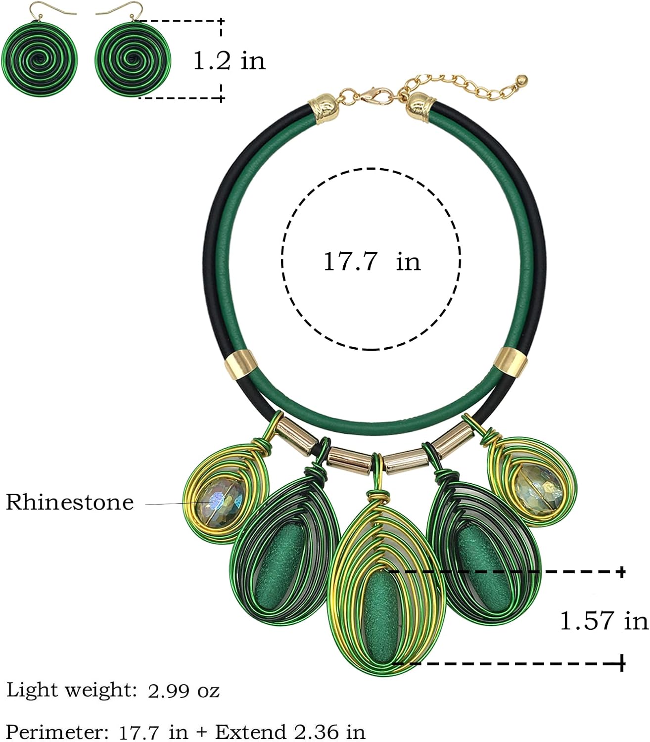 Chunky African Jewelry Statement Necklace For Women Tribal Fashion Costume Earring Set Unique Rhinestone Crystal Gold Wire Wrapped Big Wood Pendent Collar Choker Bib Handmade