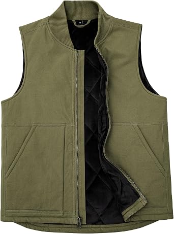 Mens Arctic Quilted Lined Duck Vest Washed Full Zip Up Utility Rugged Canvas Work Vest Jacket