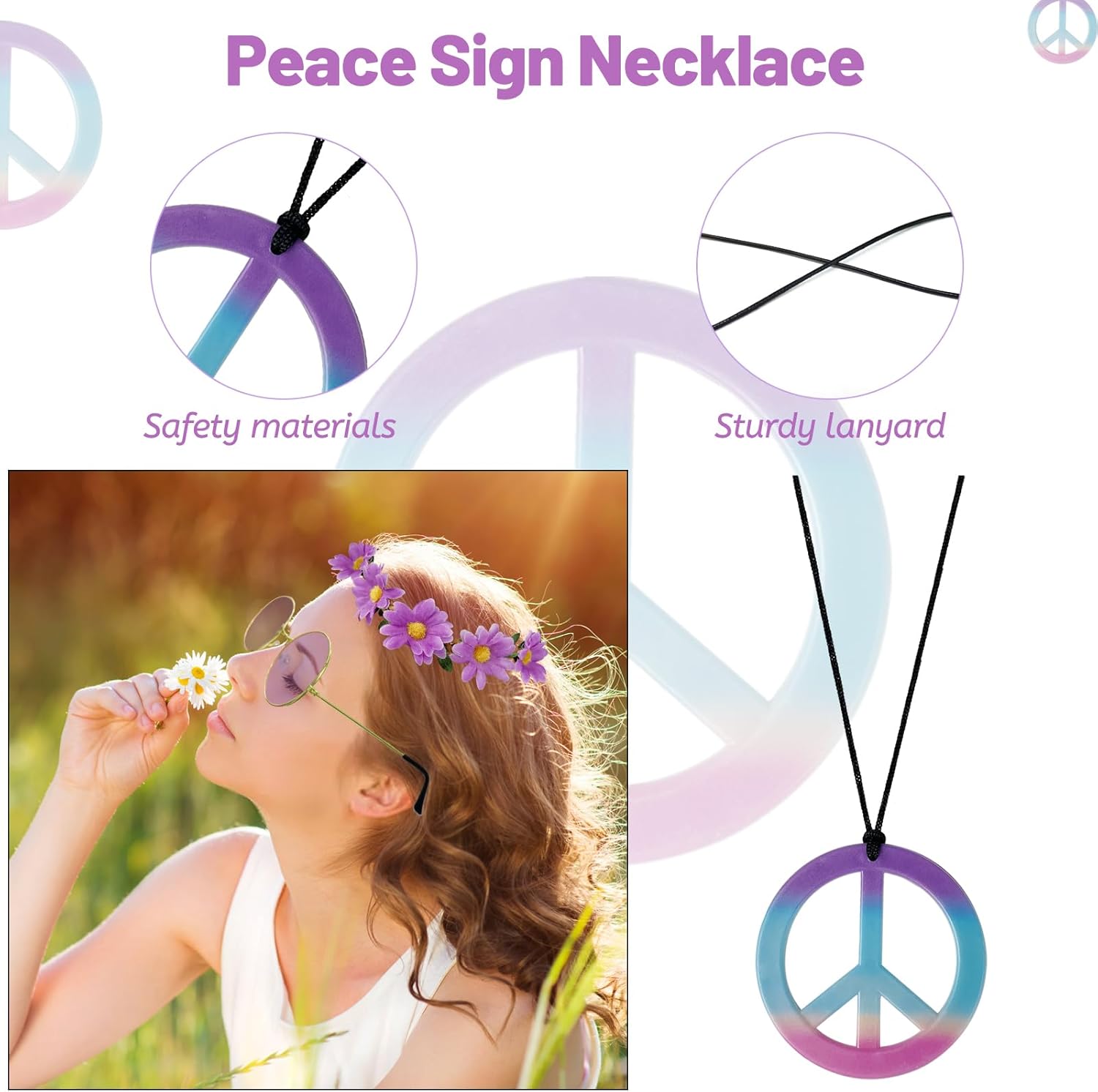 Hippie Costume Set Includes Peace Sign Necklace and Earring, Flower Crown Headband and Sunglasses 60s 70s Party Accessories - Image 6