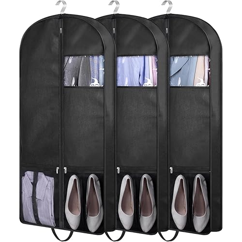 KIMBORA 43" Suit Bags for Closet Storage and Travel, Gusseted Mesh Hanging Garment Bags for Men Suit Cover With Handles for Clothes, Coats, Jackets, Shirts（3 Packs，Black）