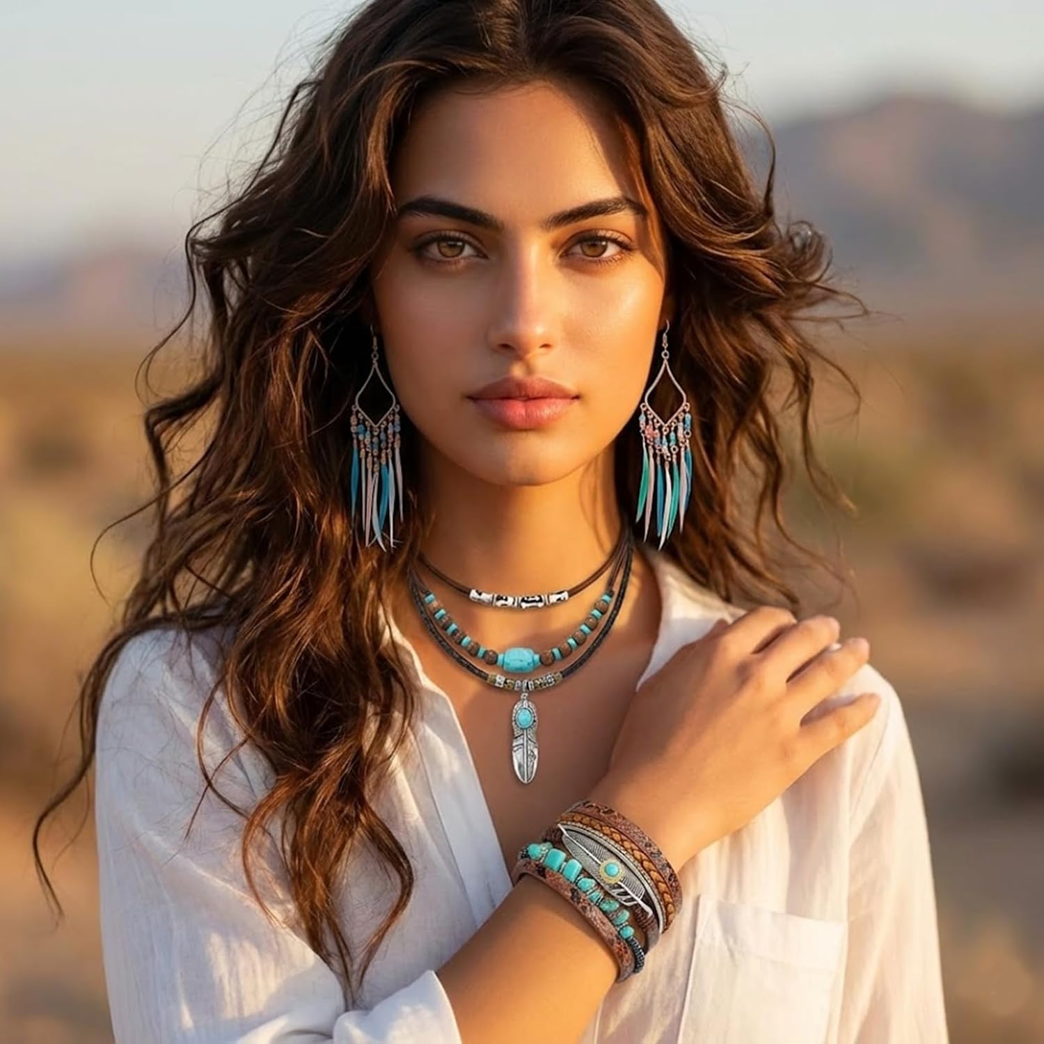 3 Pcs Western Jewelry Set, Turquoise Necklace Boho Feather Earrings Leather Bracelet Vintage Bohemian Jewelry for Women Cowgirl - Image 7