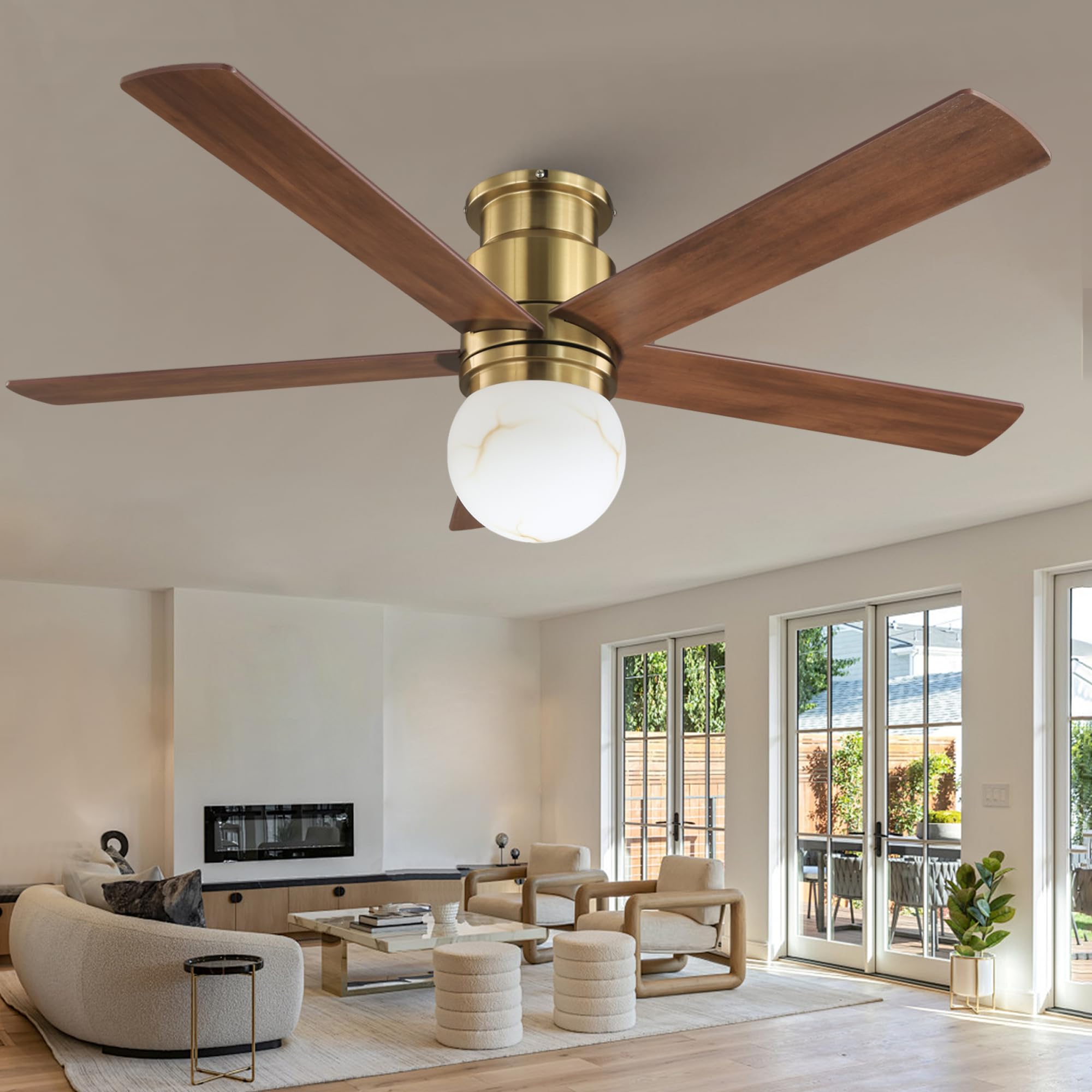 52 Inch Low Profile Ceiling Fan with Light, Flush Mount Brushed Gold Ceiling Fan Remote,ETL Listed, Indoor Outdoor Fan for Bedroom Living Room Patio, 3CCT, 6 Speeds