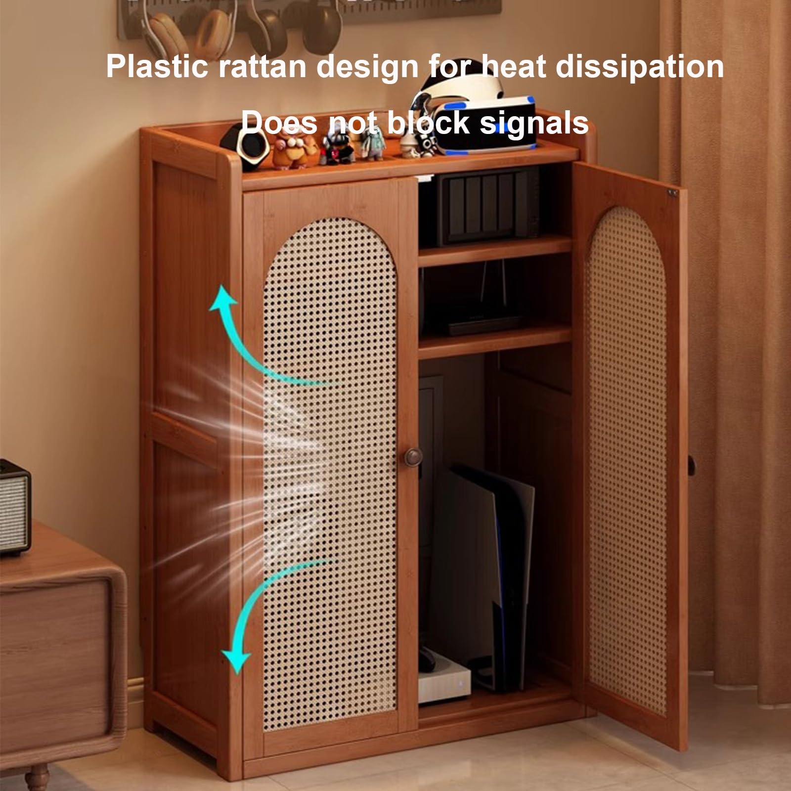 Mobiletto portaoggetti in rattan WiFi, in bambù, con ripiani regolabili, ideale per l'organizzazione di casa e ufficio, facile accesso a router e dispositivi