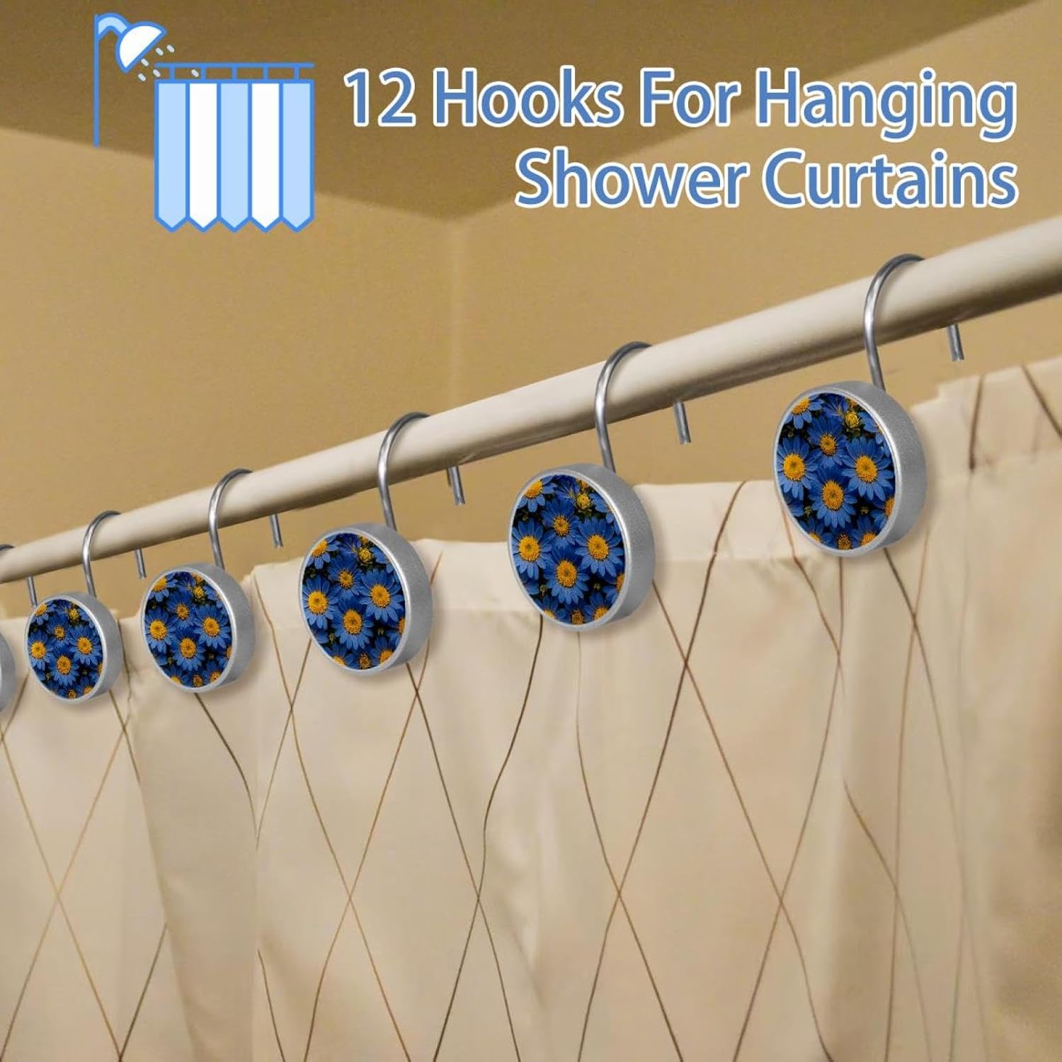 12PCS Blue Flower and Yellow Floral (3) Shower Curtain Hooks Metal Rust Resistant Decorative Shower Curtain Hooks Bathroom Decorations