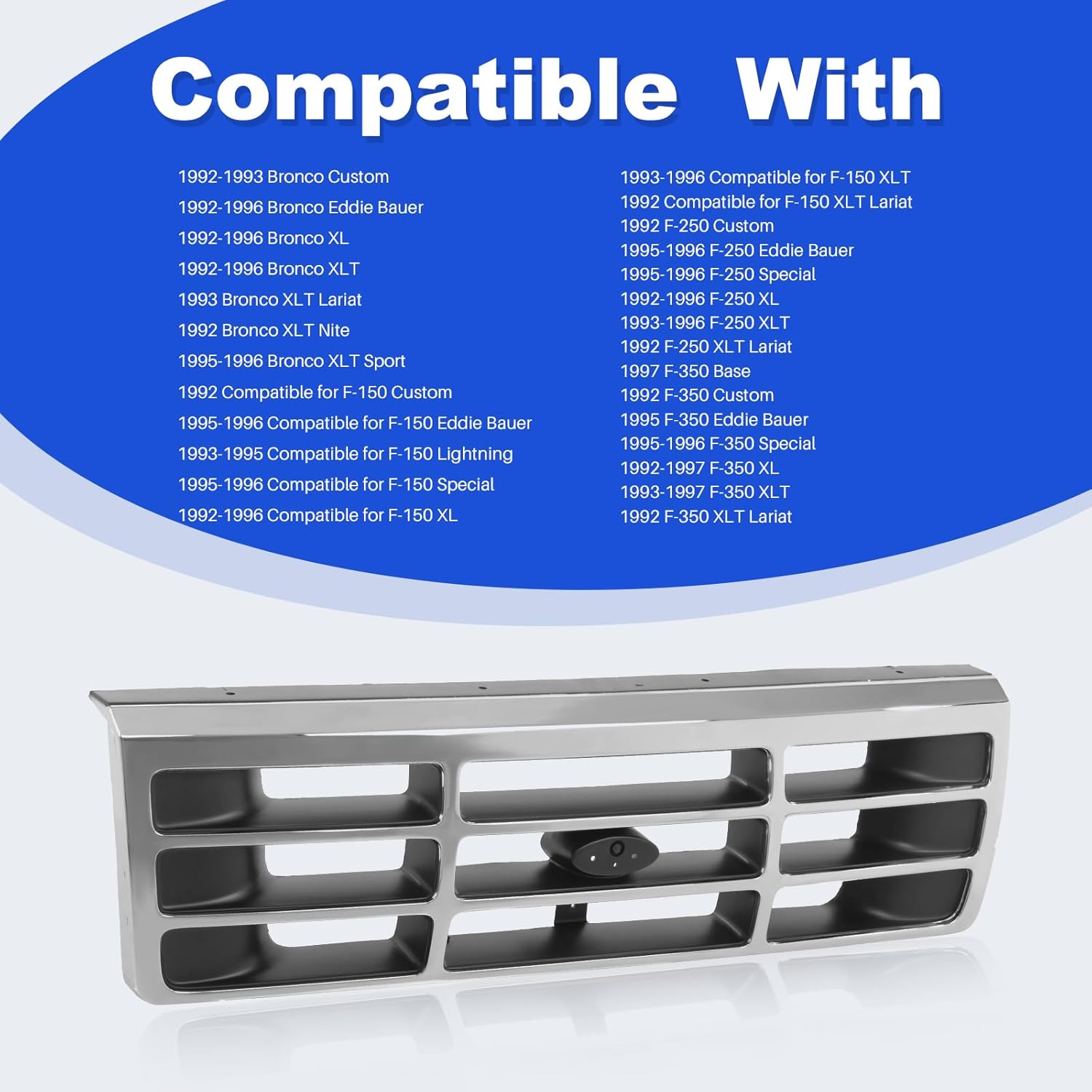 CarPartsDepot Front Grill Grille Chrome Shell With Gray Insert Compatible With Ford 1992-1997 Bronco F-150 F-250 F-350 & 1997 Lobo FO1200173 F4TZ8200A