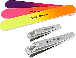 Tweezerman Stainless Steel Nail Clipper Combo Set with Three Neon Nail Files