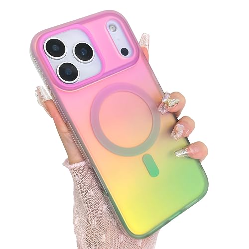 Heaofei Aesthetic Case for iPhone 17 Pro Max Case for Women Girls [Compatible with Magsafe] Cute Girly Trendy Glitter Sparkly Rainbow Magnetic Protective Phone Cover, Matte Iridescent Pink & Green