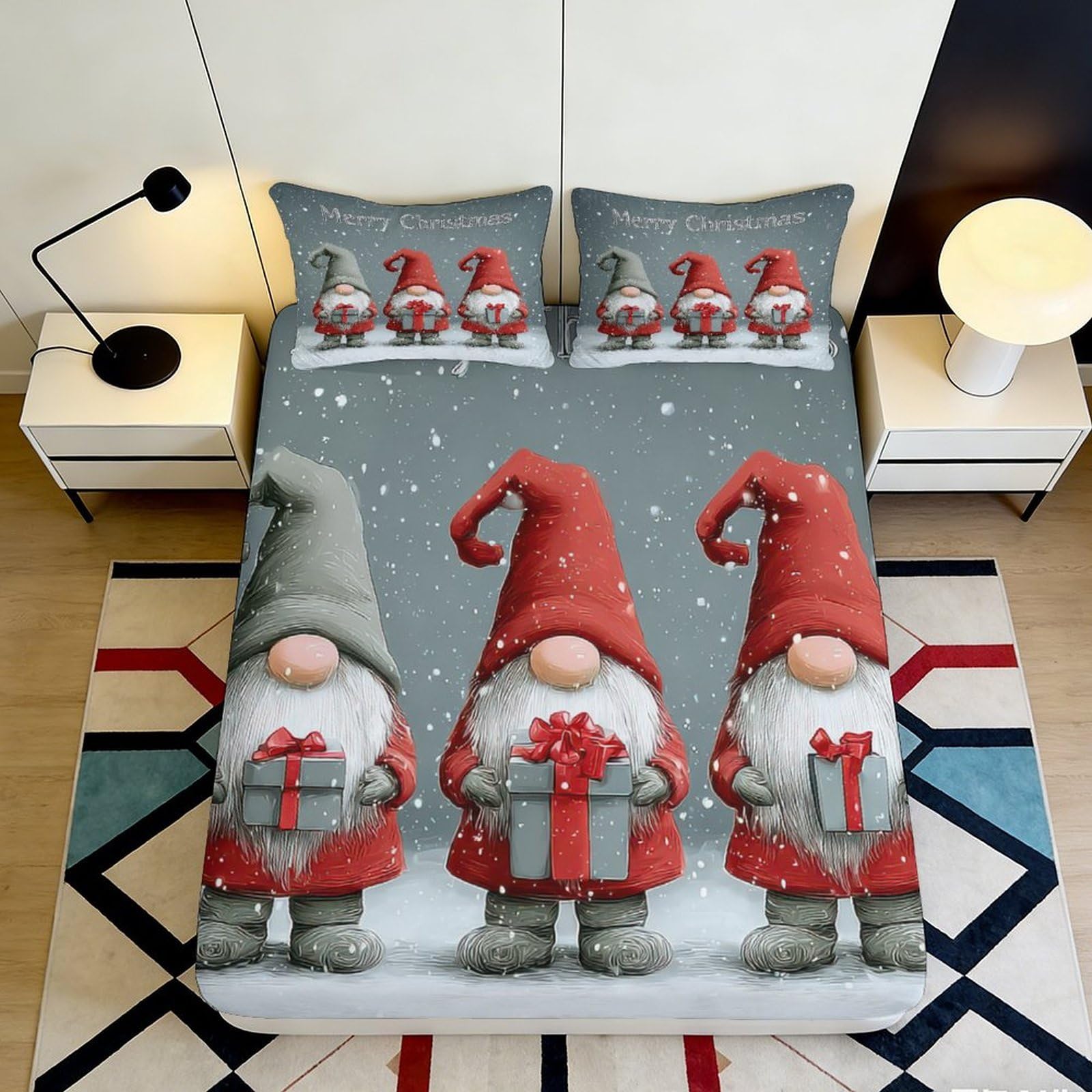 3D Printed Christmas Gnome Fitted Sheet Microfiber Soft Anti-Slip Nordic Gift Bed Cover for Bedroom Dorm Decor 90x200x25cm