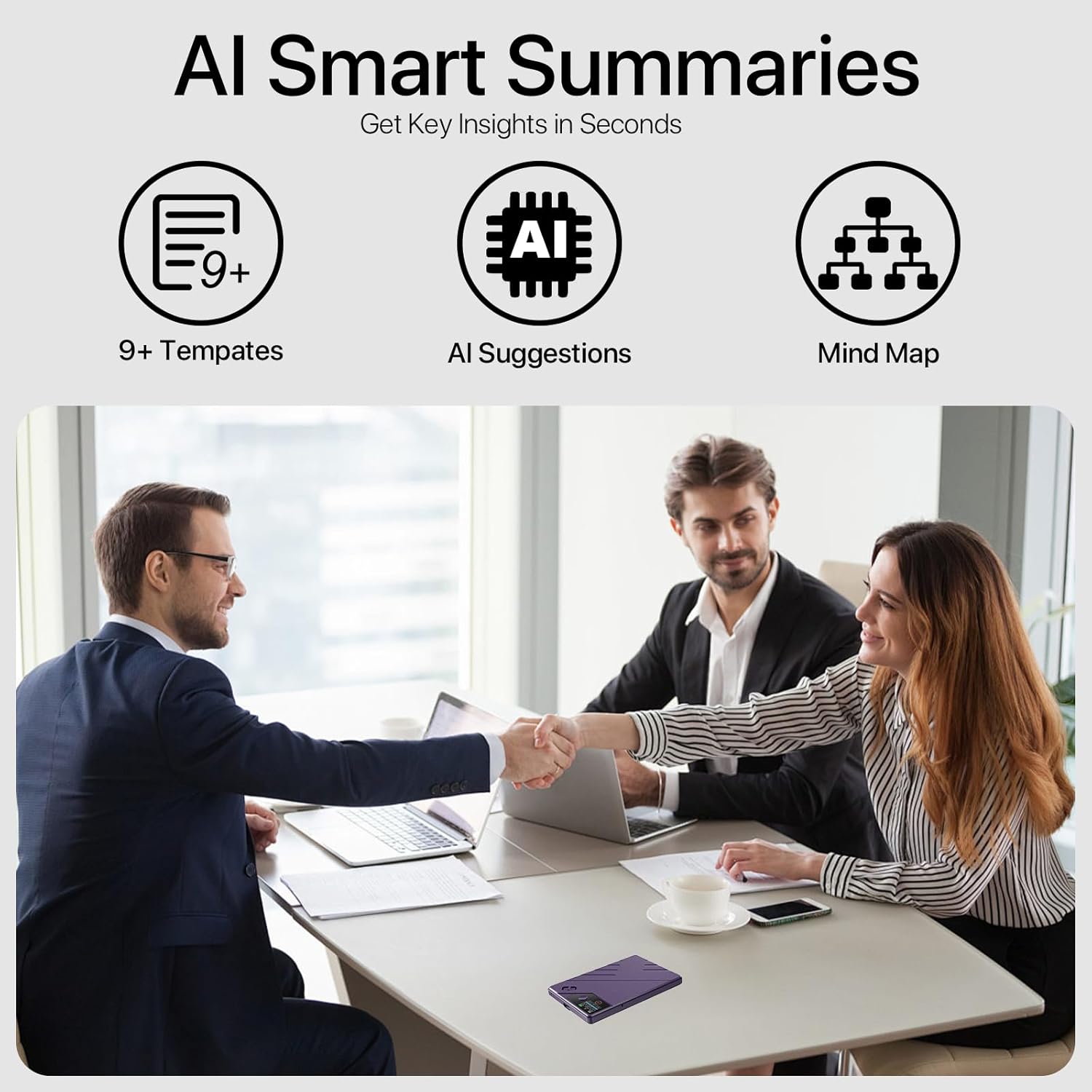 Graphic showing 'AI Smart Summaries' with icons for 9+ templates, AI suggestions, and mind map, above an image of people shaking hands in a meeting.