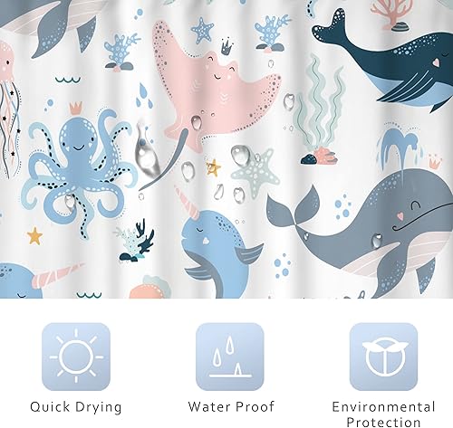Miniatura 5 de Riyidecor Cortina de ducha para niños con diseño de ballena oceánica, 60 pulgadas de ancho x 72 pulgadas de alto, diseño de animales de dibujos