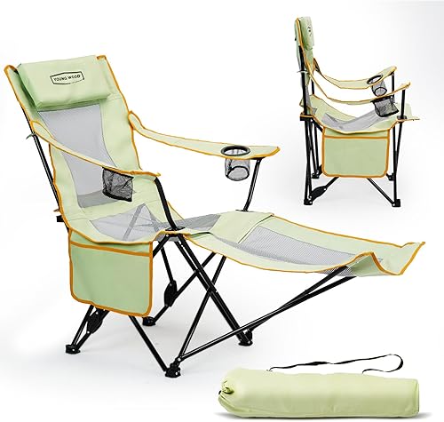 YOUNG WOOD Silla de camping reclinable, portátil con reposapiés, silla de camping plegable para adultos, reposacabezas y bolsa de almacenamiento,
